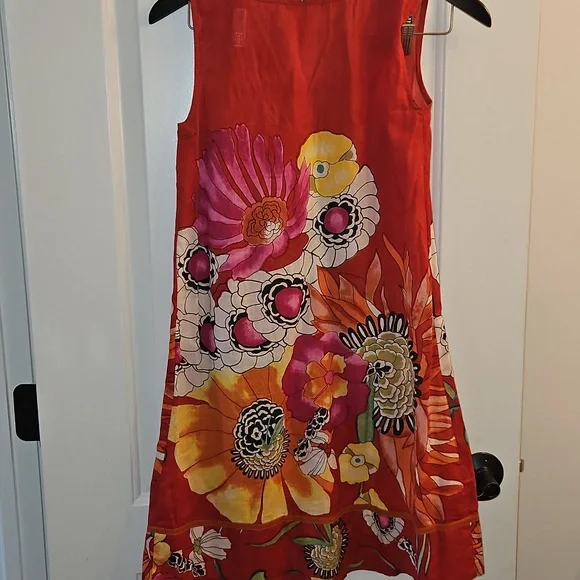 Ritu Kumar Red Floral Embroidered Cotton Dress, 4, XS, Boho, Beaded, Vacation - Picture 6 of 12